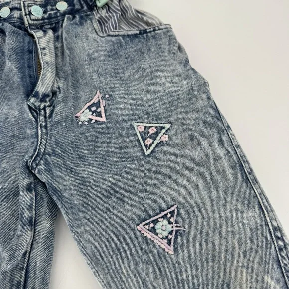 80sVintage Denim Overalls Kids 3T Acid Wash Happy Kids Embroidered Bows Cuffs - Picture 4 of 11